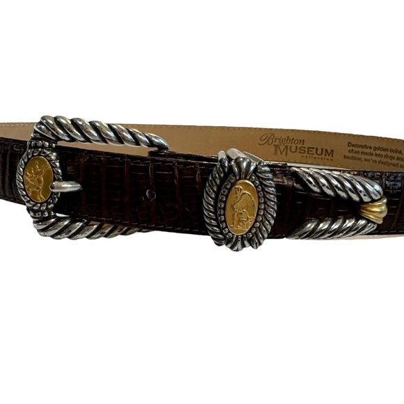 Brighton Museum Genuine Leather Crock Embossed Silver & Gold Pegasus Brown Belt - Picture 3 of 9